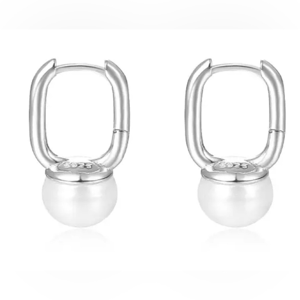 925 Sterling Silver Freshwater Pearl Square Hoop Earring